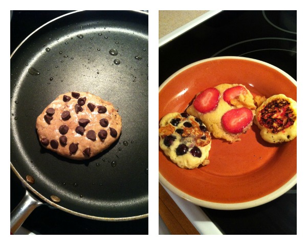 Variety is the spice of life. Chocolate pancake with chocolate chips and blueberry, strawberry, and red sugar pancakes. Pancakes make life better. 