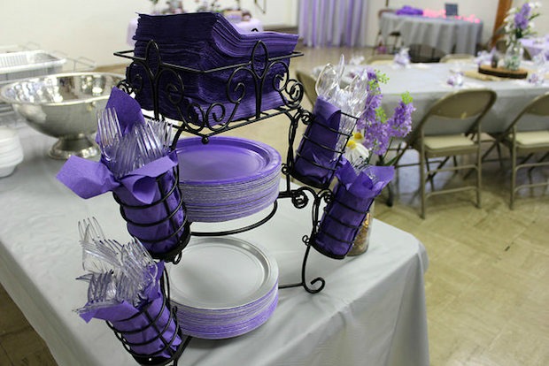 purple and gray themed wedding decor