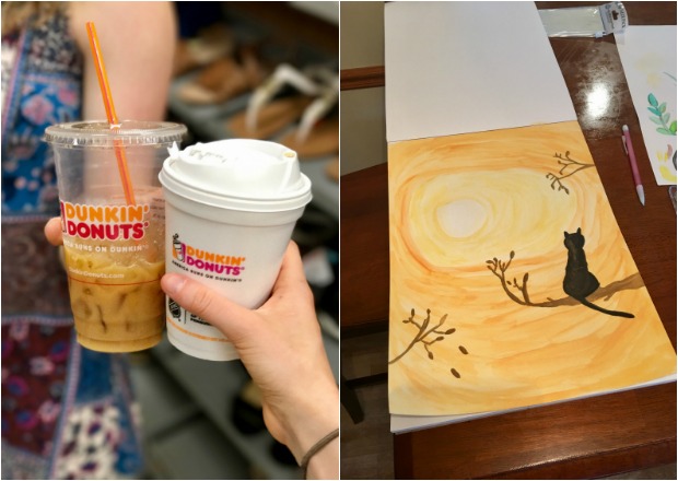Dunkin Donuts coffee and cat watercolor