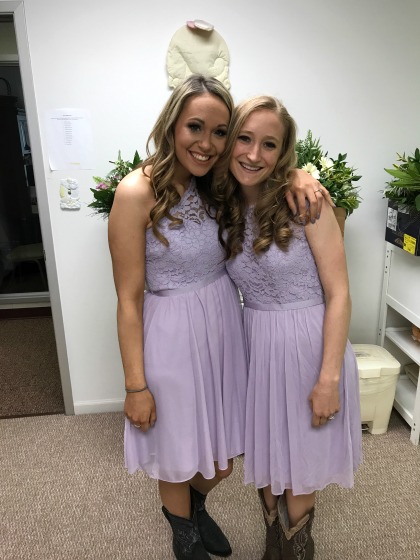 Bridesmaids in light purple dresses from David's Bridal