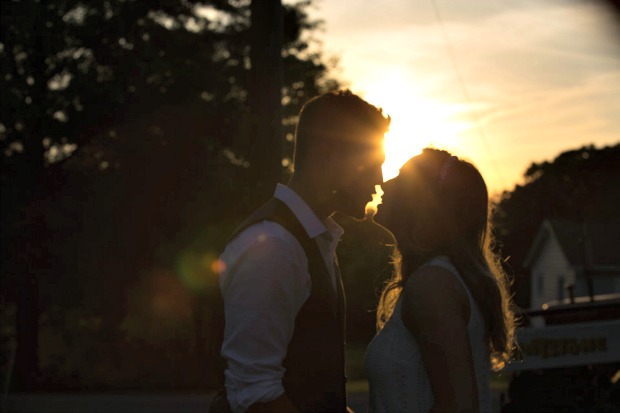 Bride and groom at sunset
