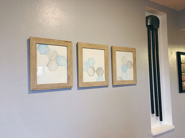 Blue and gray hexagon geometrical watercolor art framed