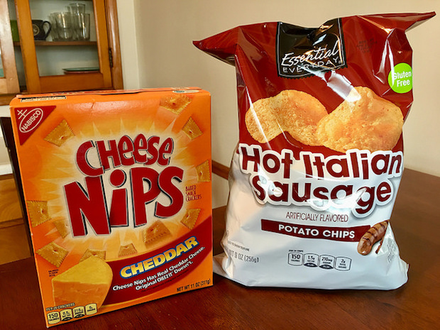 Cheese Nips and hot Italian sausage flavored potato chips from Shop 'n Save