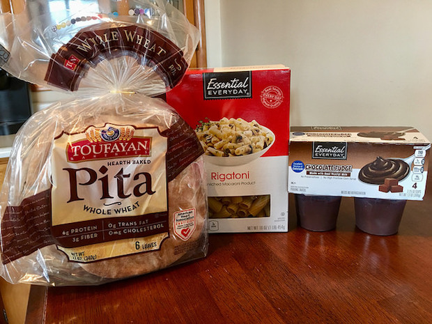 Toufayan Pita Bread, rigatoni, and chocolate pudding from Shop 'n Save