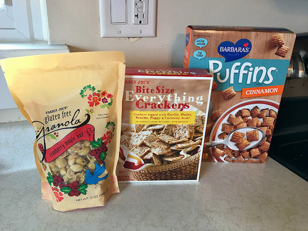 Trader Joe's maple nut granola, bite sized everything crackers, and pumpkin Puffins