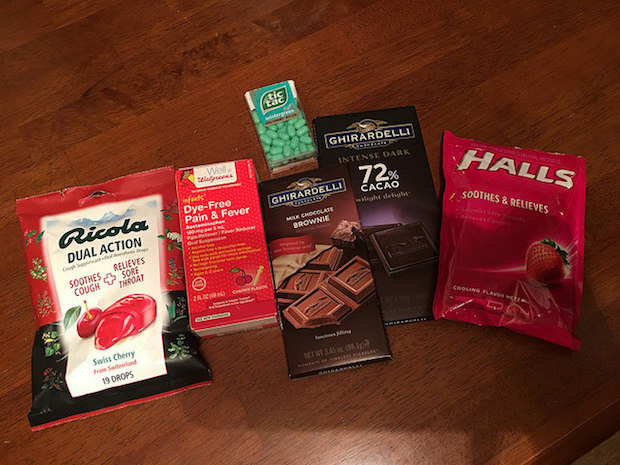 Ricola couch drops, Halls couch drops, Ghirardelli chocolate, tic tacs, and tylenol