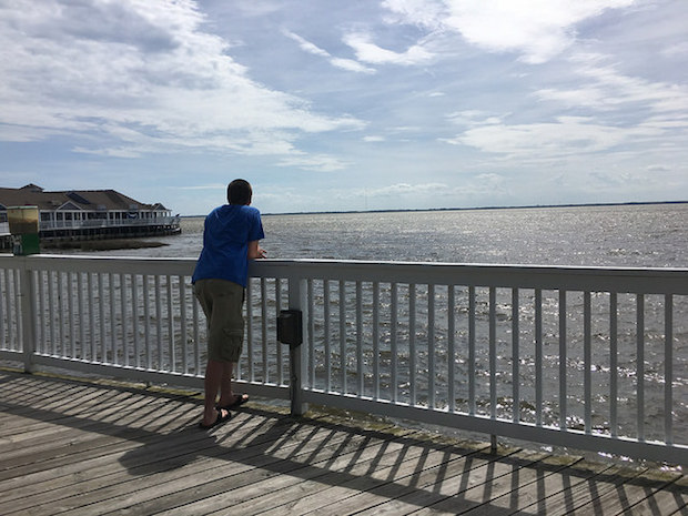 Duck boardwalk in North Carolina Outer Banks overlooking Currituck Sound