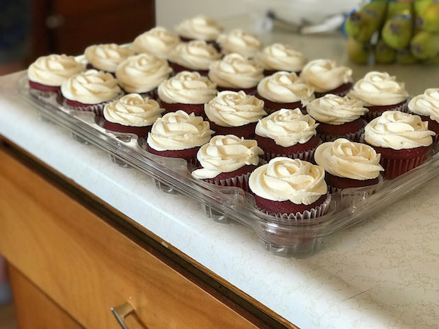 Red velvet cupcakes with rosettes
