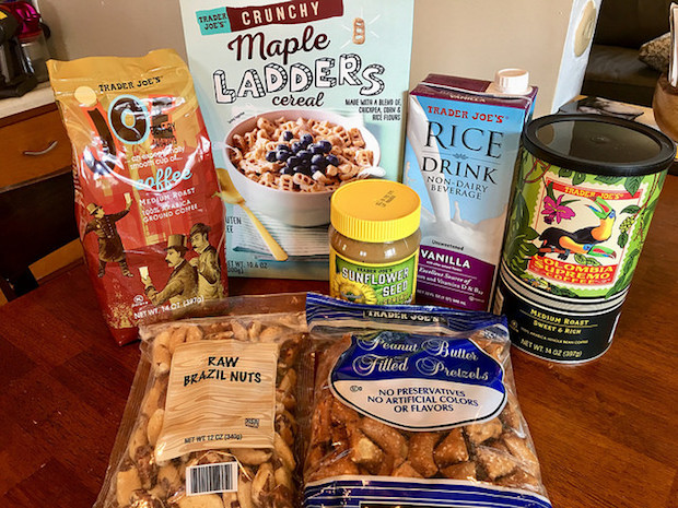 Trader Joe's maple ladders and sunflower seed spread and coffee and other products