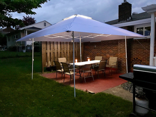 Lighted pop up canopy at night