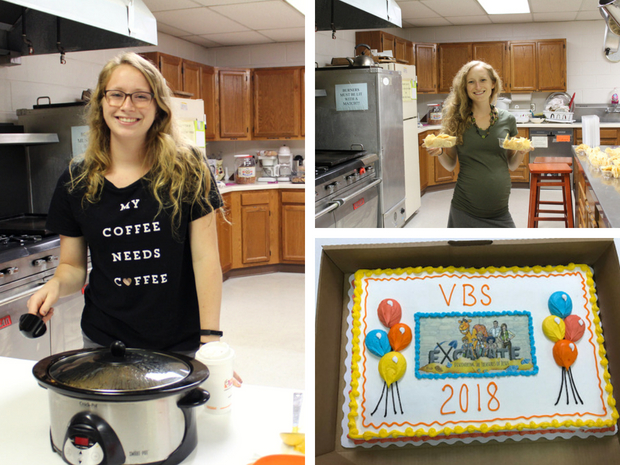 Vacation Bible School Cake and girls serving food