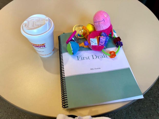 Dunkin donuts coffee and book editing with Clopette baby toy