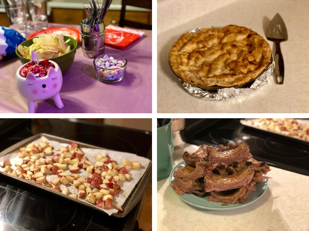Valentine's Day Dinner of grilled barbecue ribs, roasted potatoes, apple pie, and candy