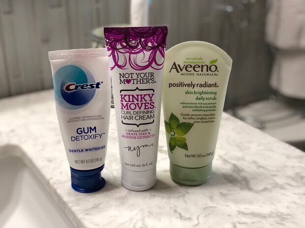 Crest Gum Detoxify, Not Your Mother's Kinky Moves Curl Cream, and Aveeno Face wash