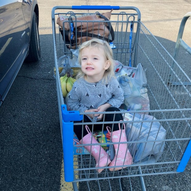 Toddler in shopping cart at Walmart