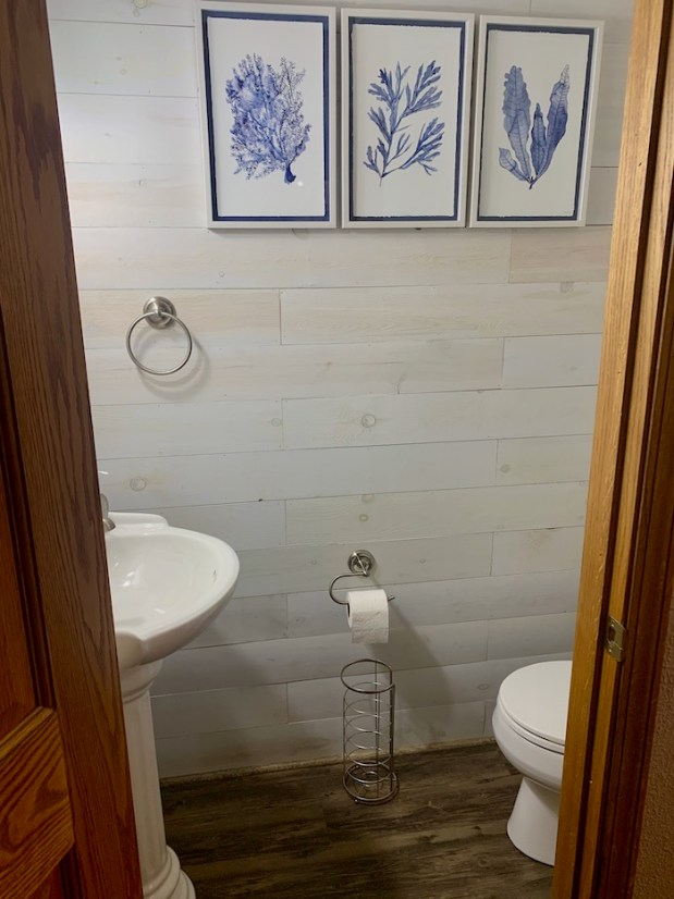 Bathroom with shiplap walls and blue decor accents