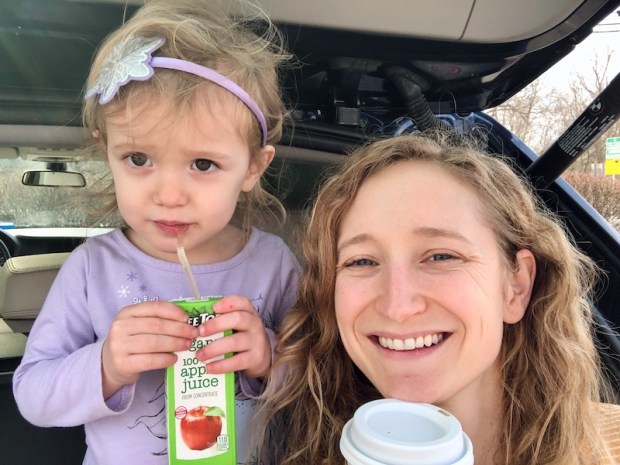 Mom and toddler daughter at Starbucks 