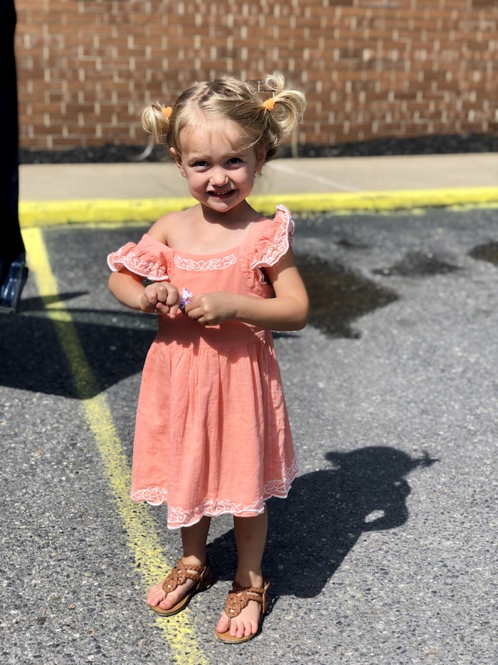 Toddler girl in coral dress with pigtails in her hair