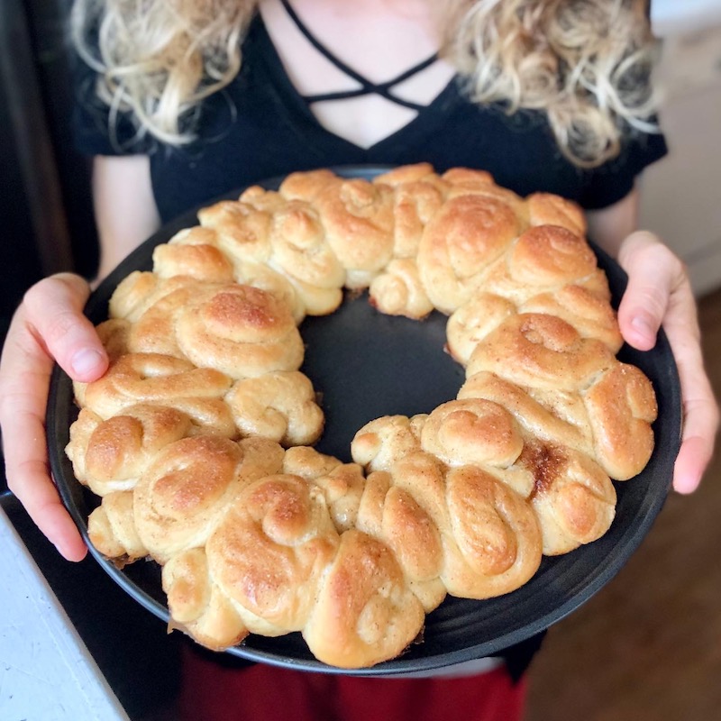 Cinnamon sugar challah bread wreath for holiday centerpiece