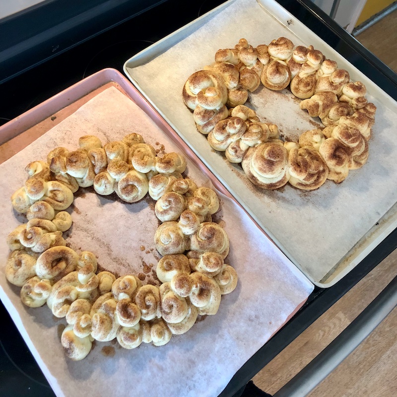 Challah wreaths made of challah bread with cinnamon and sugar topping