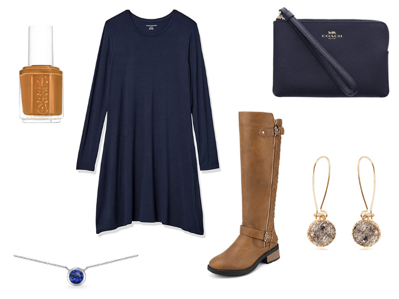Fall dress and boots outfit for women with navy blue dress and brown riding boots.