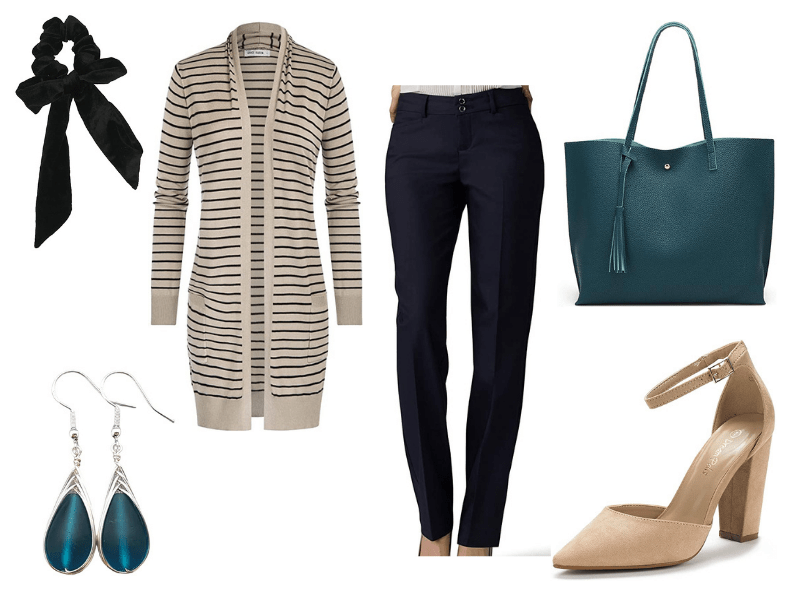 Fall outfit for women with striped cardigan and black dress pants.