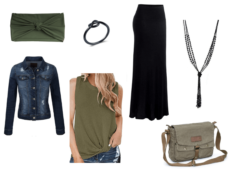 Fall outfit for women with olive green top and black maxi skirt and a jean jacket.