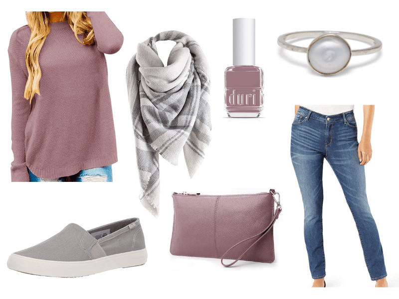 Fall outfit with mauve sweater, blanket scarf, and gray shoes.
