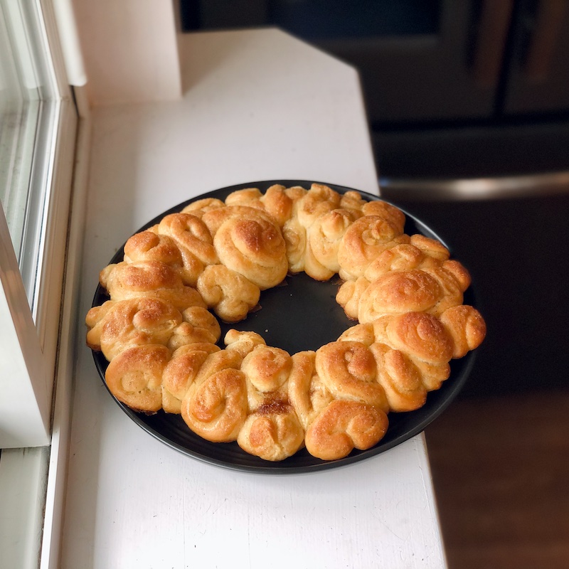 Cinnamon sugar challah wreath for holiday centerpiece