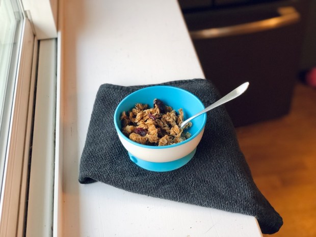 Homemade gingerbread granola in bowl with spoon