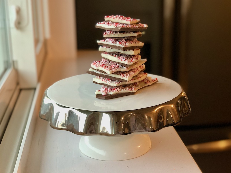 Peppermint bark on cake stand