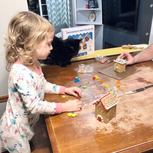 Toddler girl making gingerbread house