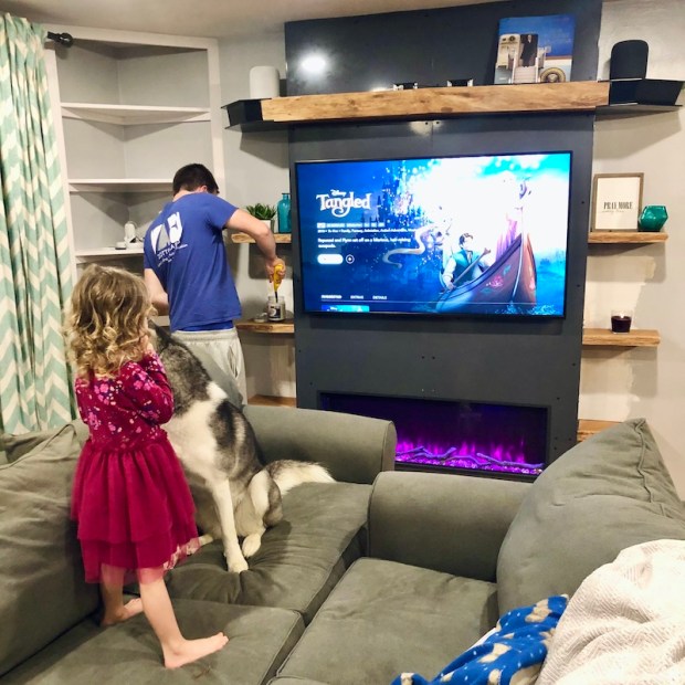 Couches pushed together for movie night in living room