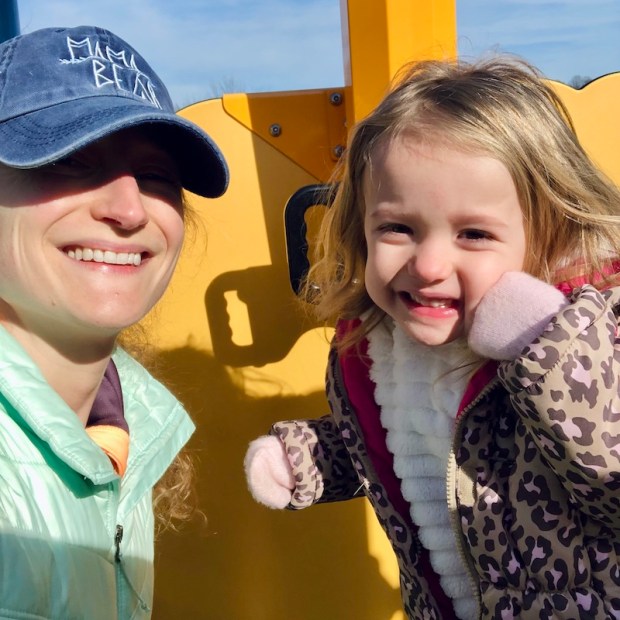 Mom and daughter selfie at park in January