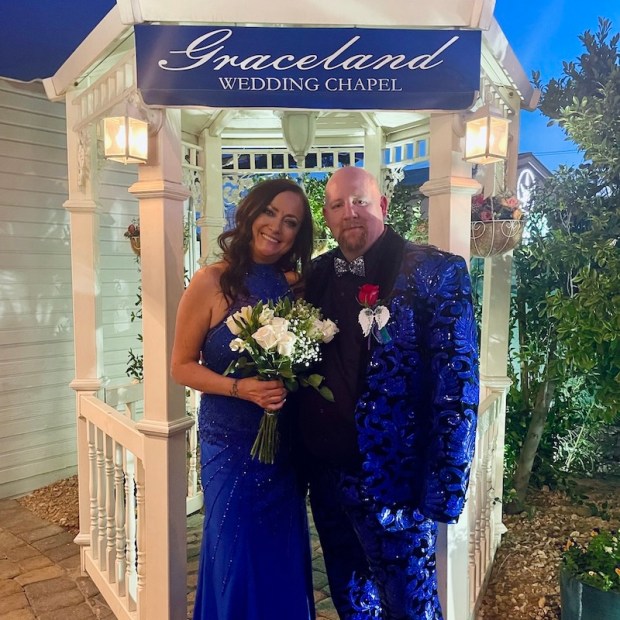 Husband and wife at Graceland Wedding Chapel in Las Vegas