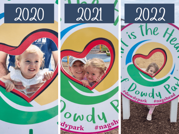 Collage of toddler in same place for three years in a row