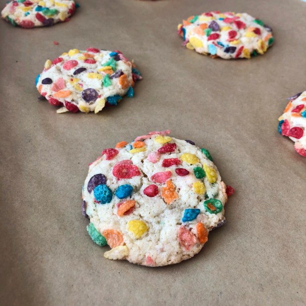gluten free rainbow cookies made with Fruity Pebbles
