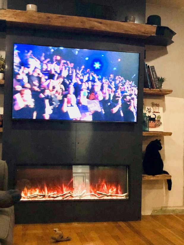 Black cat sitting on shelf