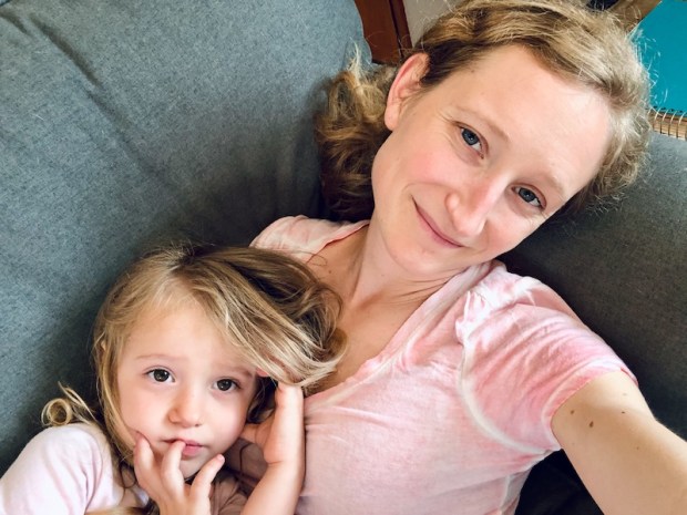Mom and daughter couch selfie