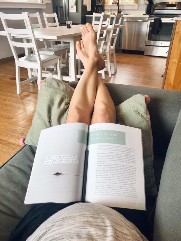 Sitting on couch with Daily Grace Co. Bible study on the book of Jonah