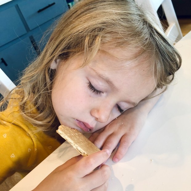 Girl sleeping while eating a graham cracker