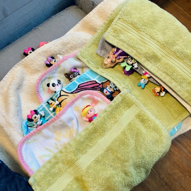 Toys under washcloths