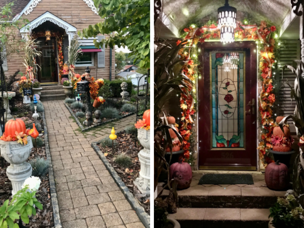 Porch decor for fall with pumpkins and leaves