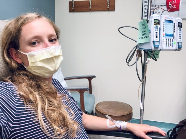 Pregnant woman getting iron infusion for anemia