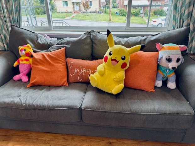Couch with Pikachu and Everest stuffed animals on it