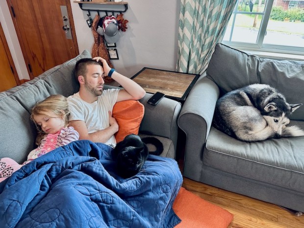 Dad and daughter sleeping on couch with pets