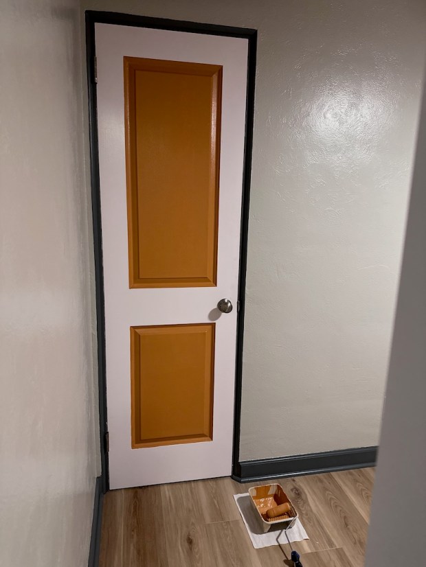 Closet door painted with rusty brown and dark gray accents