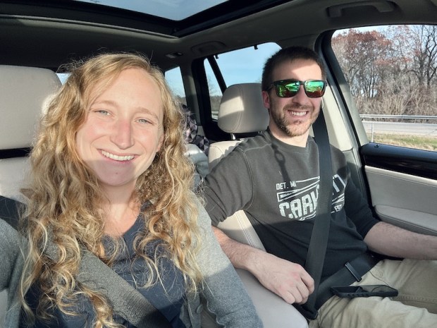 Husband and wife driving selfie