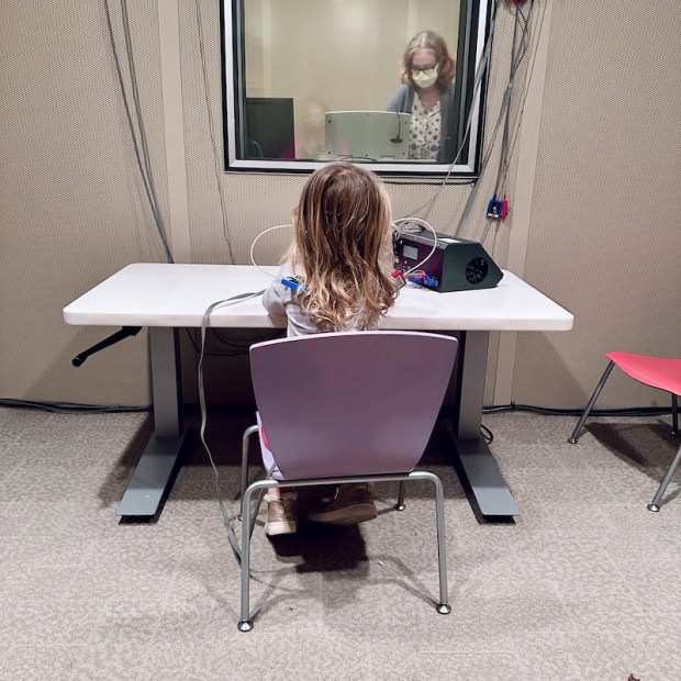 Four year old doing hearing test at audiology department of Children's Hospital of Pittsburgh