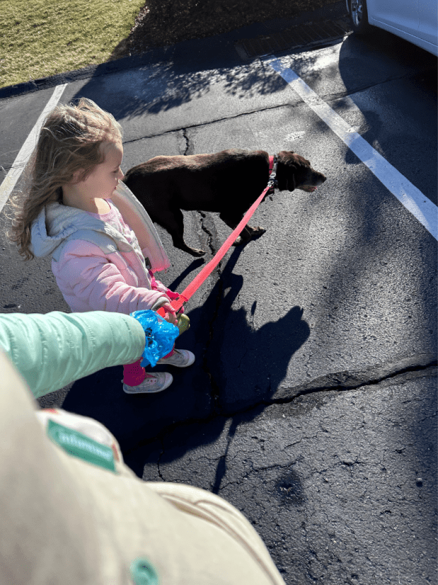 Mom and daughter walking chocolate lab
